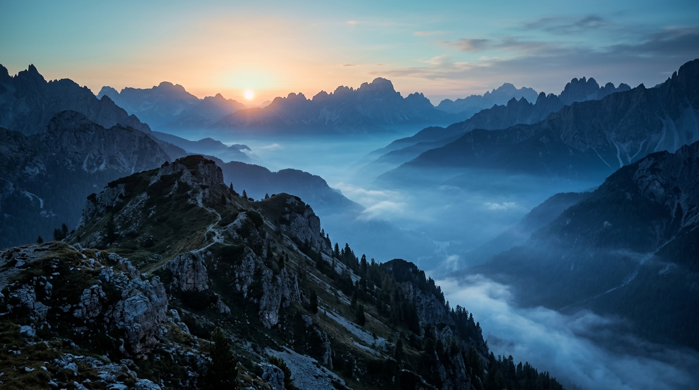 Crêtes au petit matin, brume bleue